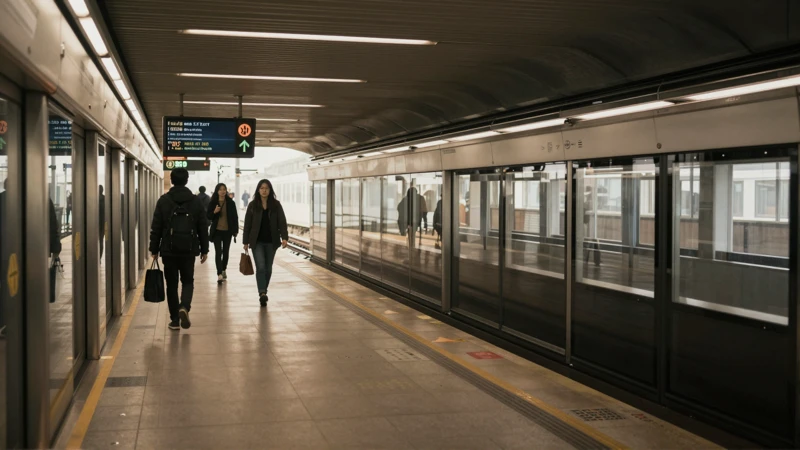 Andén iluminado, gente, luz cálida