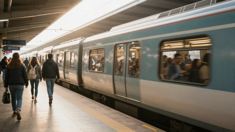 Tren subterráneo, gente, luz cálida, movimiento