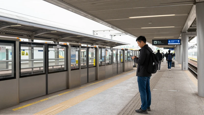 Pasajero con móvil en estación urbana