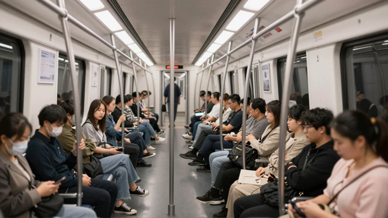 Tren subterráneo, pasajeros, luz suave