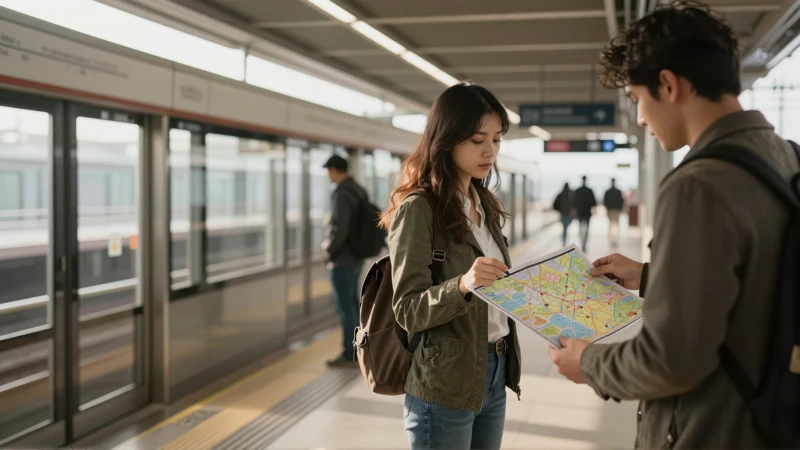 Viajero en andén, luz cálida, fotografía realista