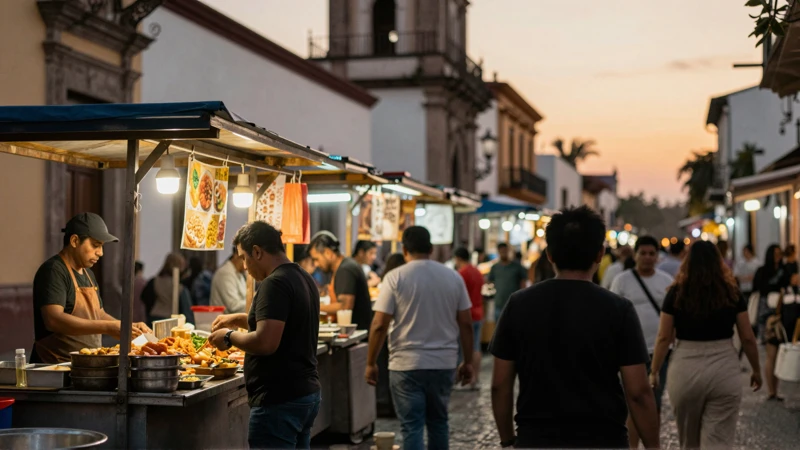 Comida callejera bajo luz cálida y vibrante