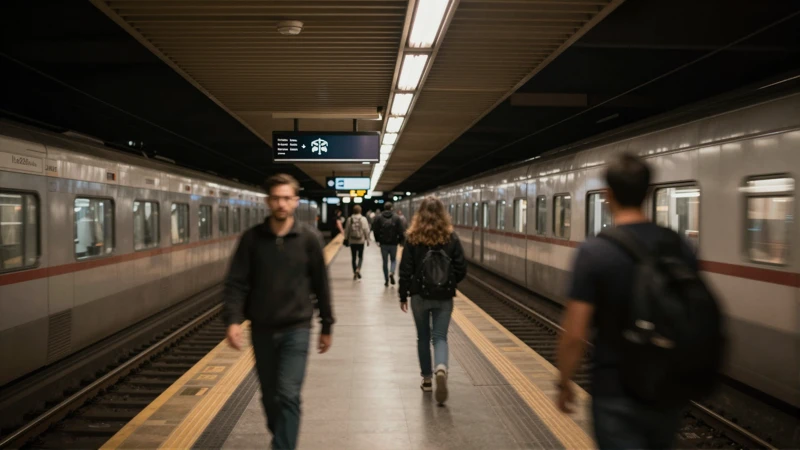 Andén, figuras borrosas, luz dramática