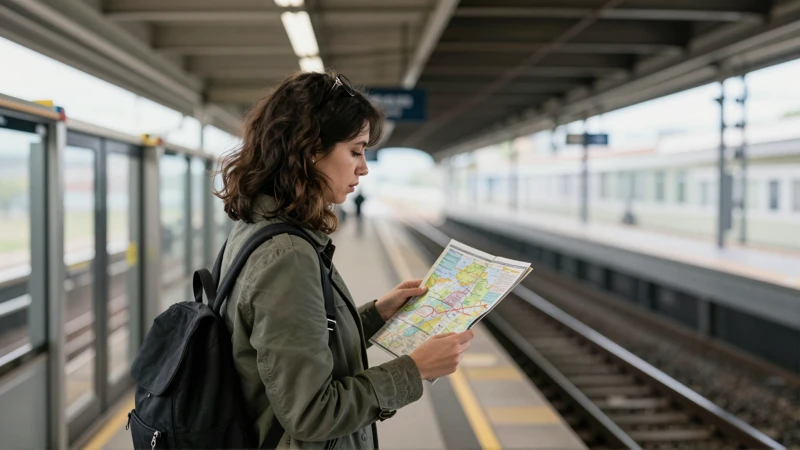 Mujer consulta mapa en andén, fotografía documental