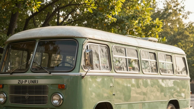 Autobús antiguo, luz dorada, fotografía viajera