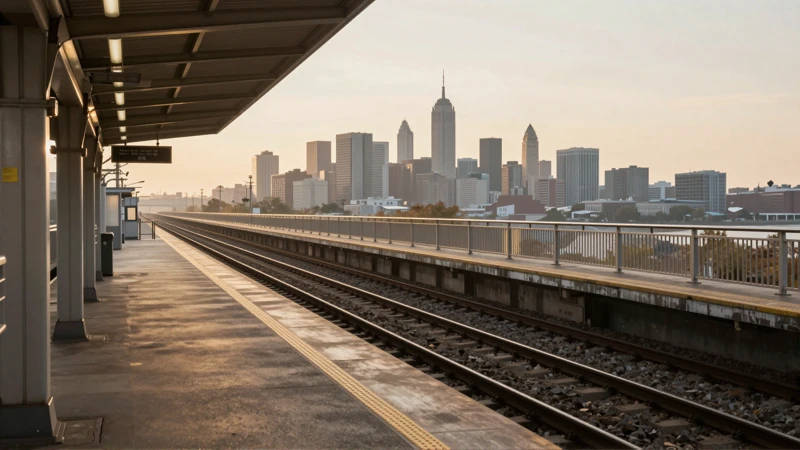 Andén urbano, luz cálida, vista amplia