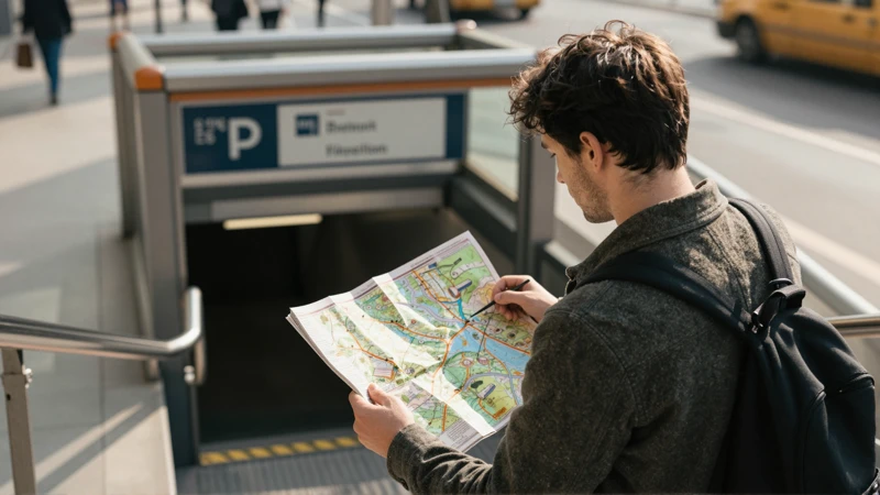 Hombre con mapa en estación de metro