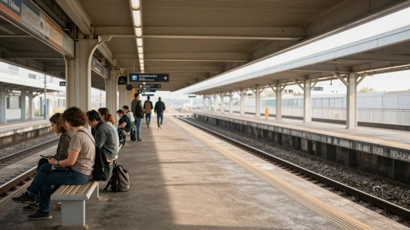 Pasajeros esperan en andén iluminado