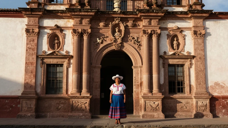 Fachada conventual, mujer indígena, luz cálida