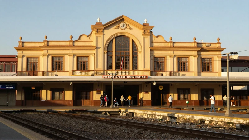 Fachada de estación, plataforma vibrante, luz dorada