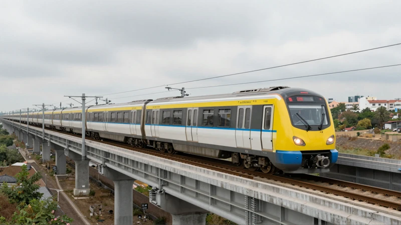 Tren moderno en paisaje urbano brillante