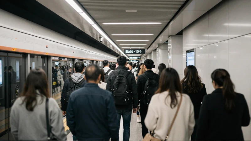 Andenes de metro llenos, luz tenue y realista