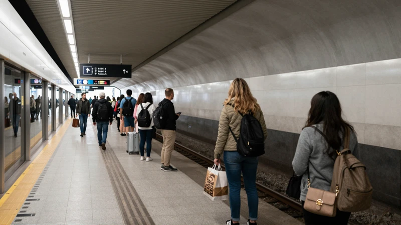 Pasajeros esperan en andén iluminado