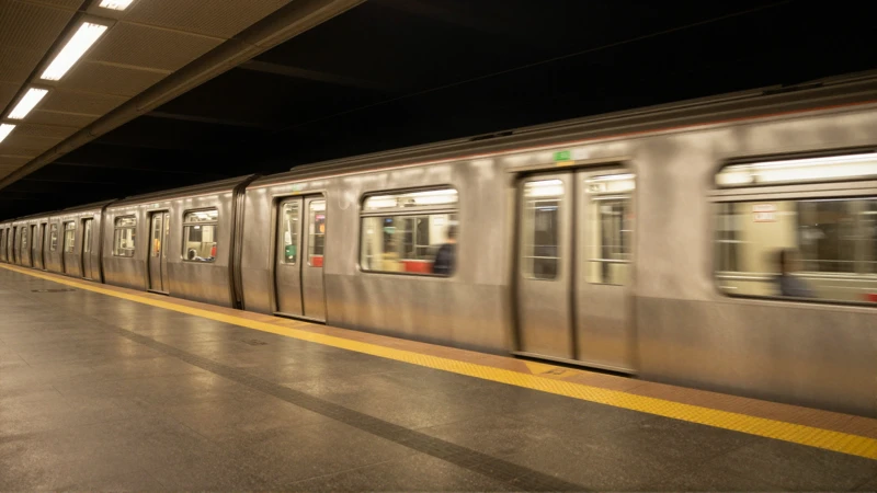 Tren en andén, luz cálida y realista