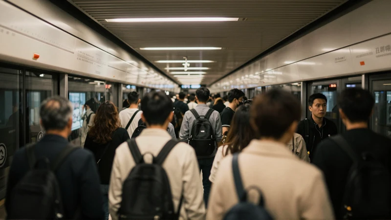 Llena estación subterránea, gente, luz cálida