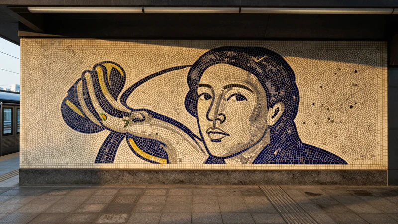 Mosaico urbano, luz cálida, perspectiva amplia