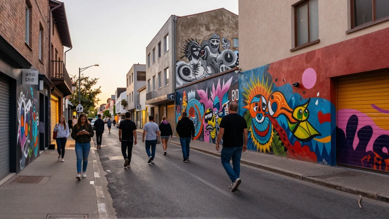 Calle urbana vibrante bajo luz cálida