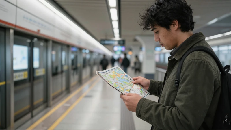 Pasajero consulta mapa en estación urbana