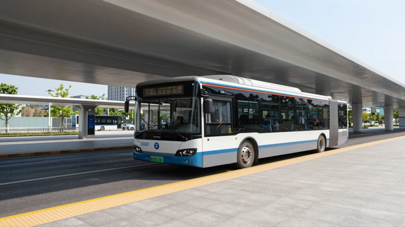 Autobús moderno en paisaje urbano arquitectónico