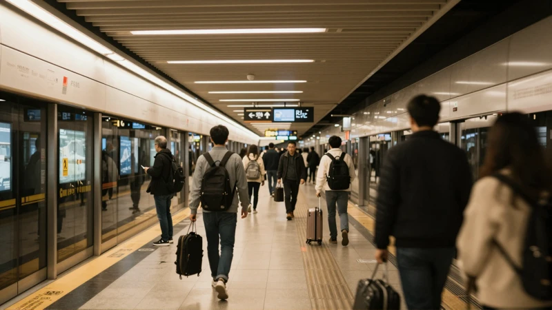 Andenes de metro con gente y luz cálida