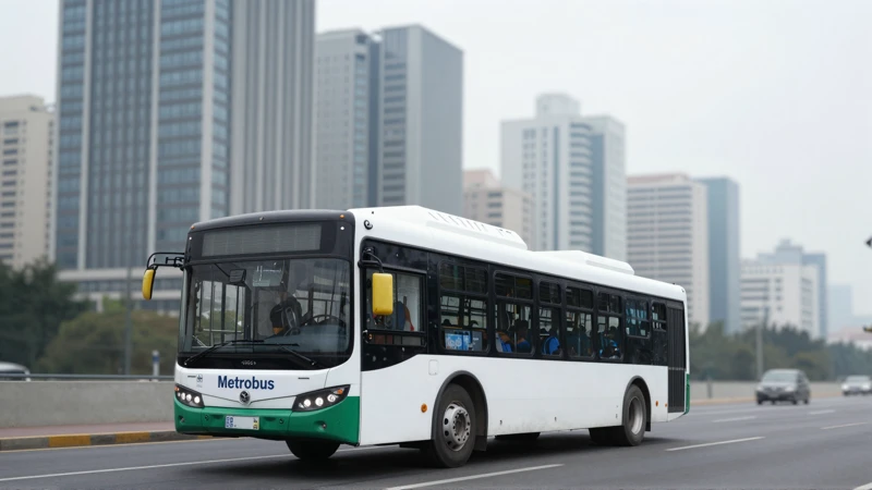 Metrobús moderno contra un horizonte urbano