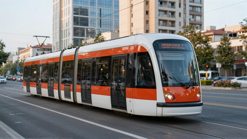 Tranvía moderno en una ciudad vibrante