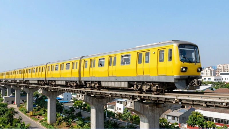 Tren amarillo en vía elevada urbana