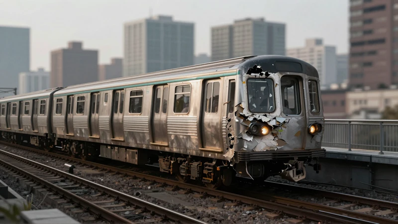 Tren dañado, ciudad borrosa, realismo crudo