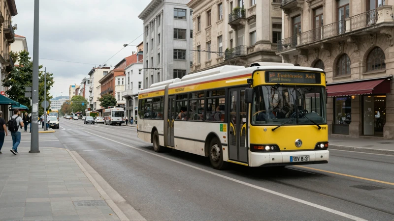 Autobús eléctrico en calle urbana, nublado