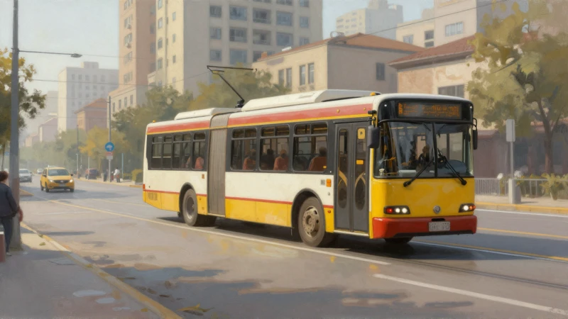 Pintura realista de un trolleybus en la ciudad