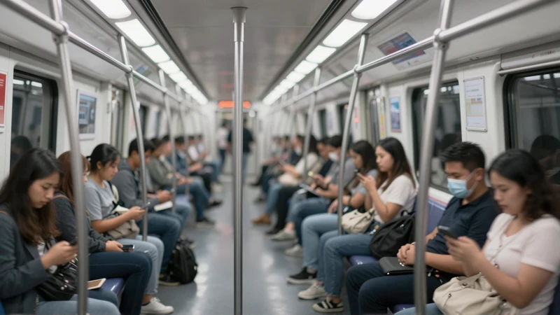 Metro: pasajeros difusos, luz tenue, textura urbana