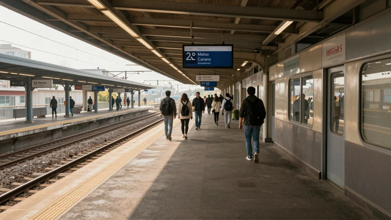 Viajeros en andén, luz cálida y colorida