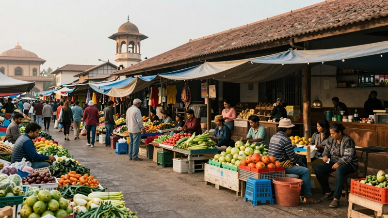 Mercado vibrante, luz natural, arquitectura histórica