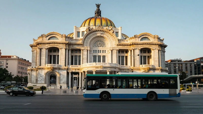 Autobús urbano, luz dorada, efecto cinematográfico