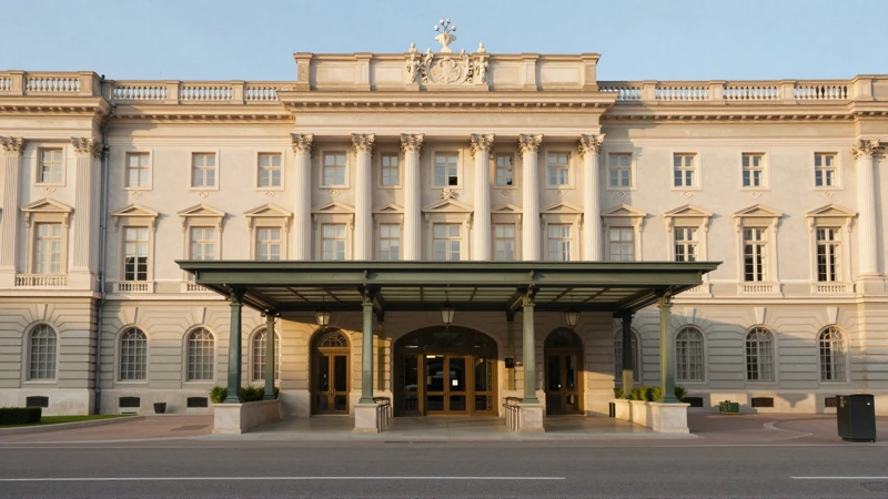 Fachada palaciega con luz cálida y simetría