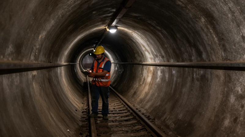 Túnel subterráneo cerrado, trabajador de mantenimiento