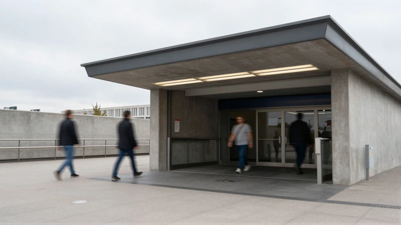 Entrada de metro, gente y arquitectura urbana