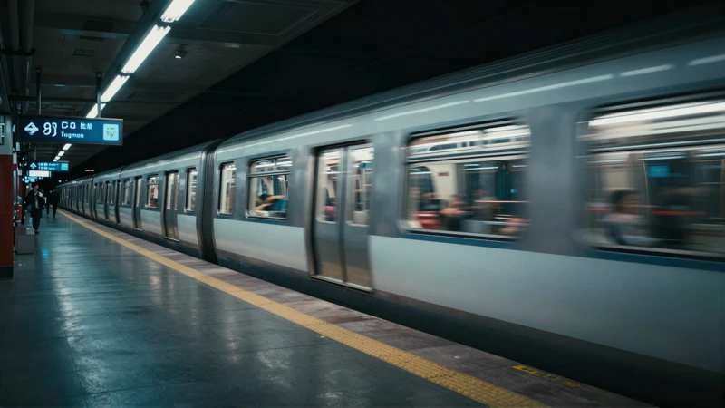 Tren subterráneo, luz neón, ambiente sombrío