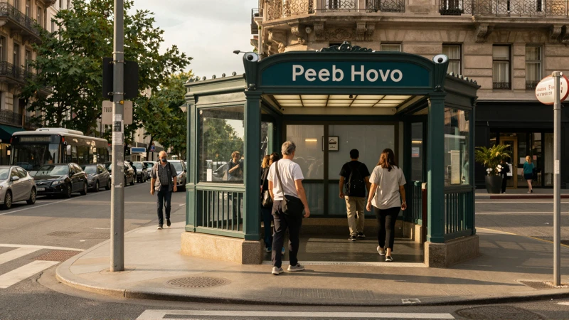 Esquina urbana, luz cálida y metro