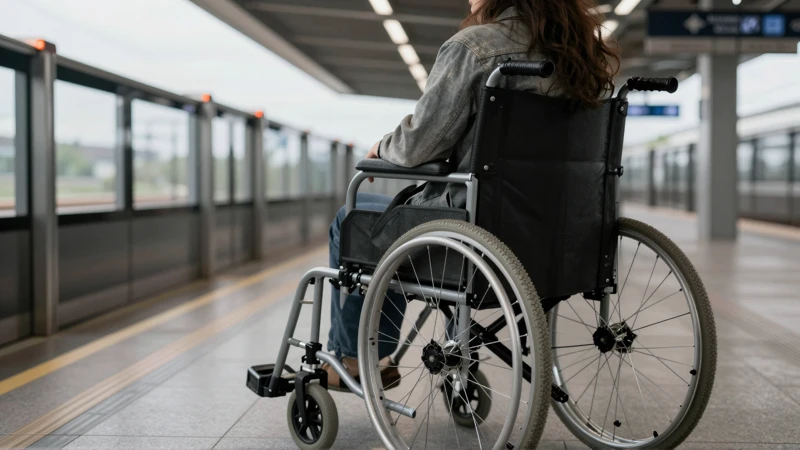 Persona en silla de ruedas, estación de metro