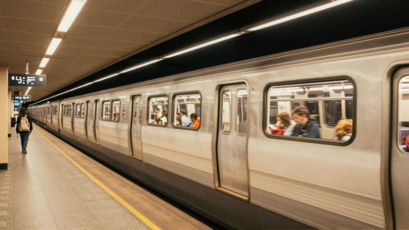 Tren subterráneo en escena urbana iluminada