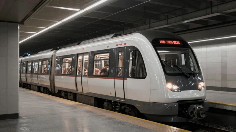Tren moderno, estación iluminada y azulejos