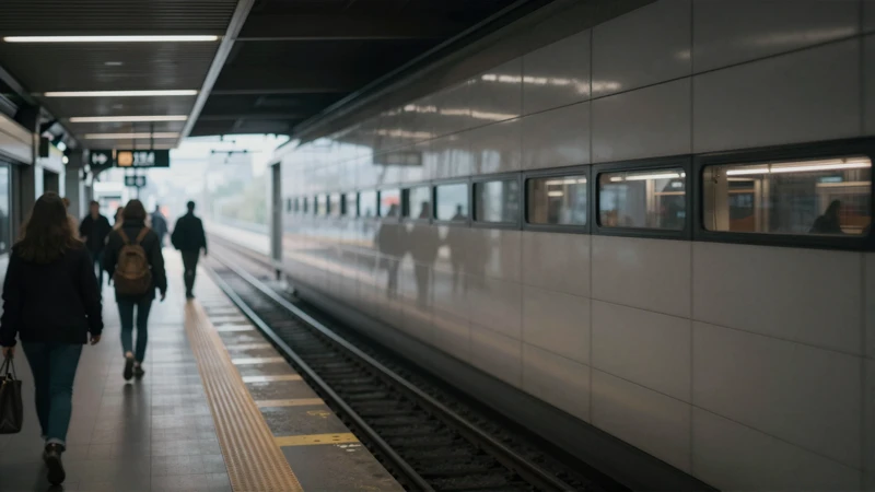 Andén urbano, pasajeros borrosos, luz tenue
