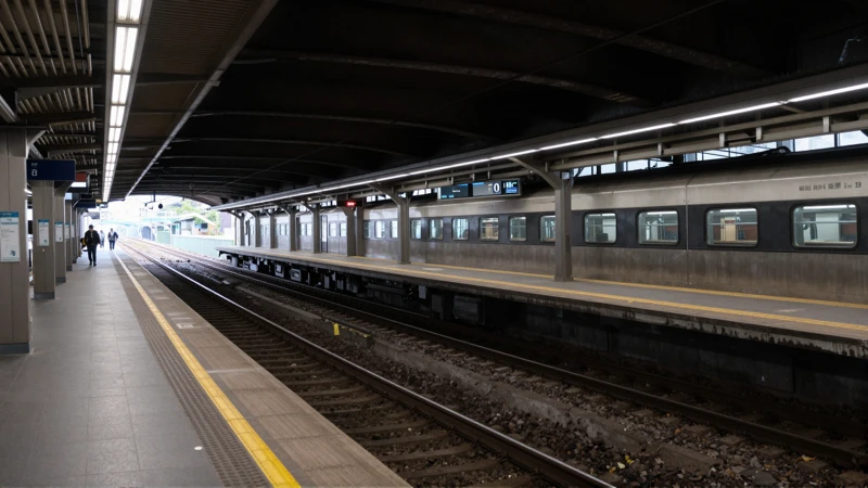 Andén de metro, vías y luces urbanas
