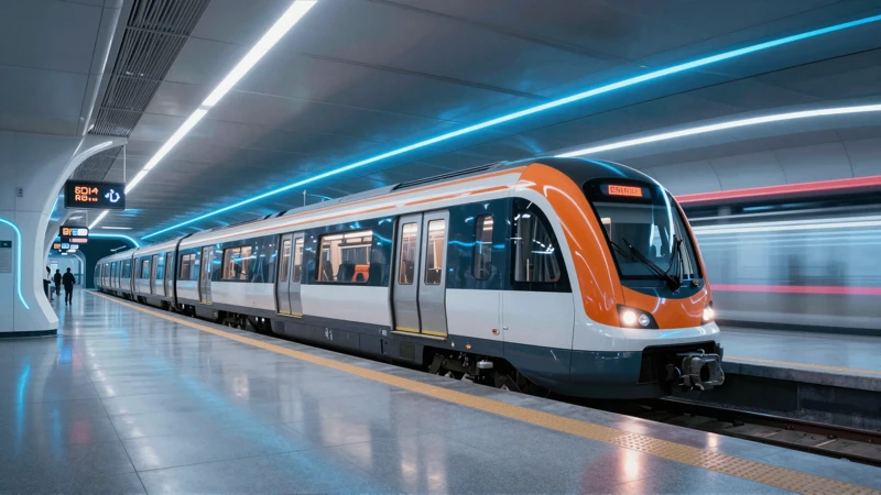 Estación futurista, trenes vibrantes y arquitectura audaz
