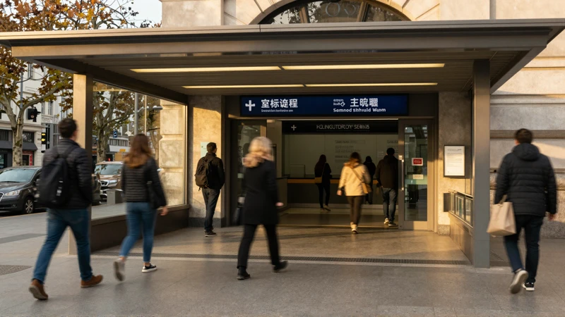 Entrada de metro, hora dorada, realismo urbano