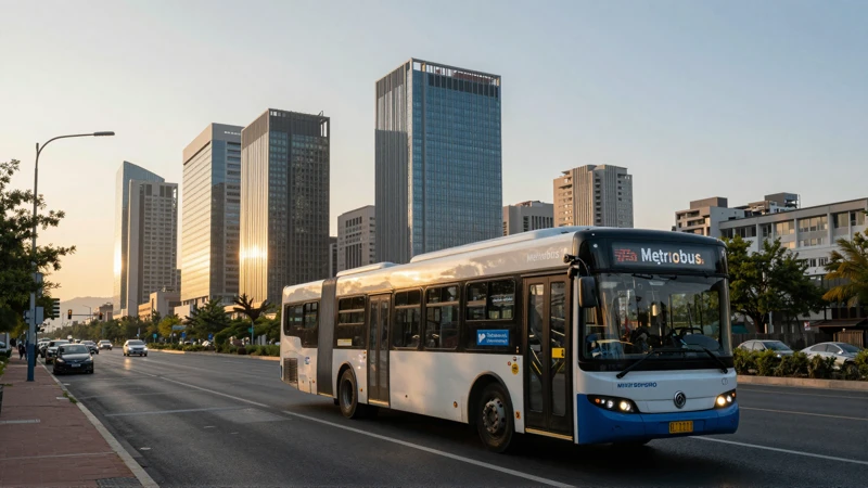 Metrobús bajo luz dorada urbana