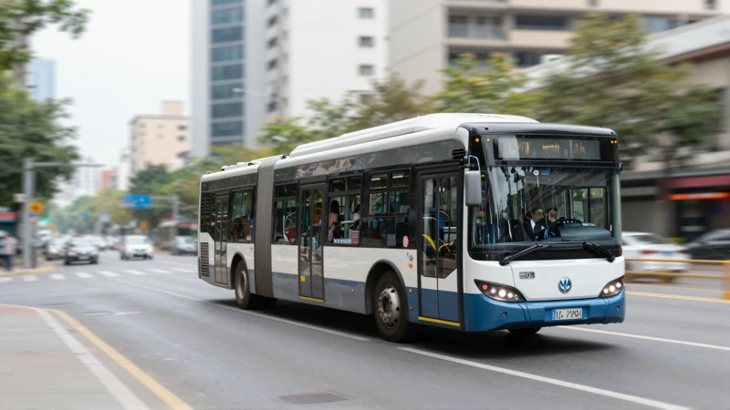 Metrobús moderno en fondo urbano