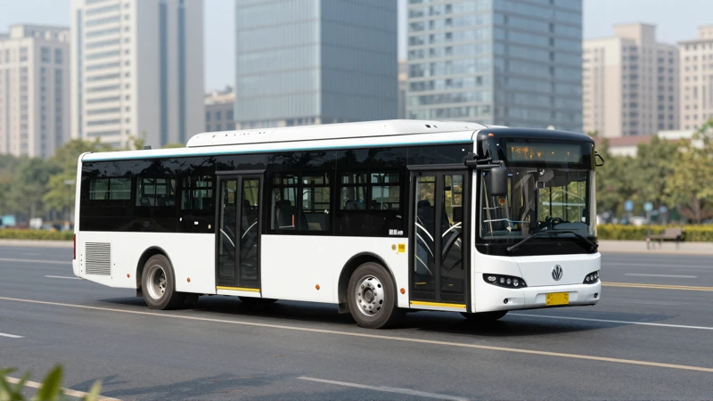 Autobús moderno frente a la ciudad