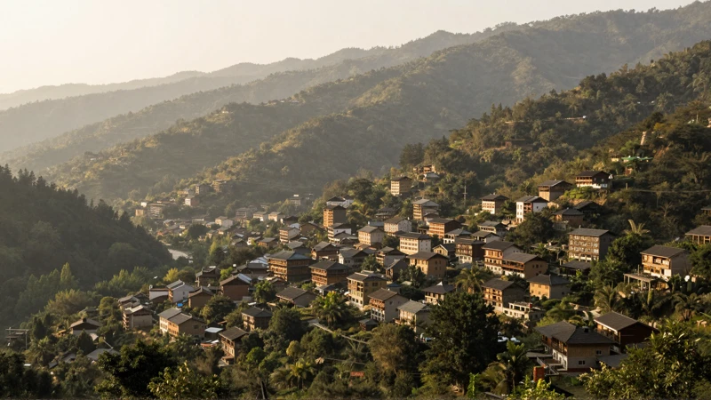 Pueblo montañoso bañado en luz cálida